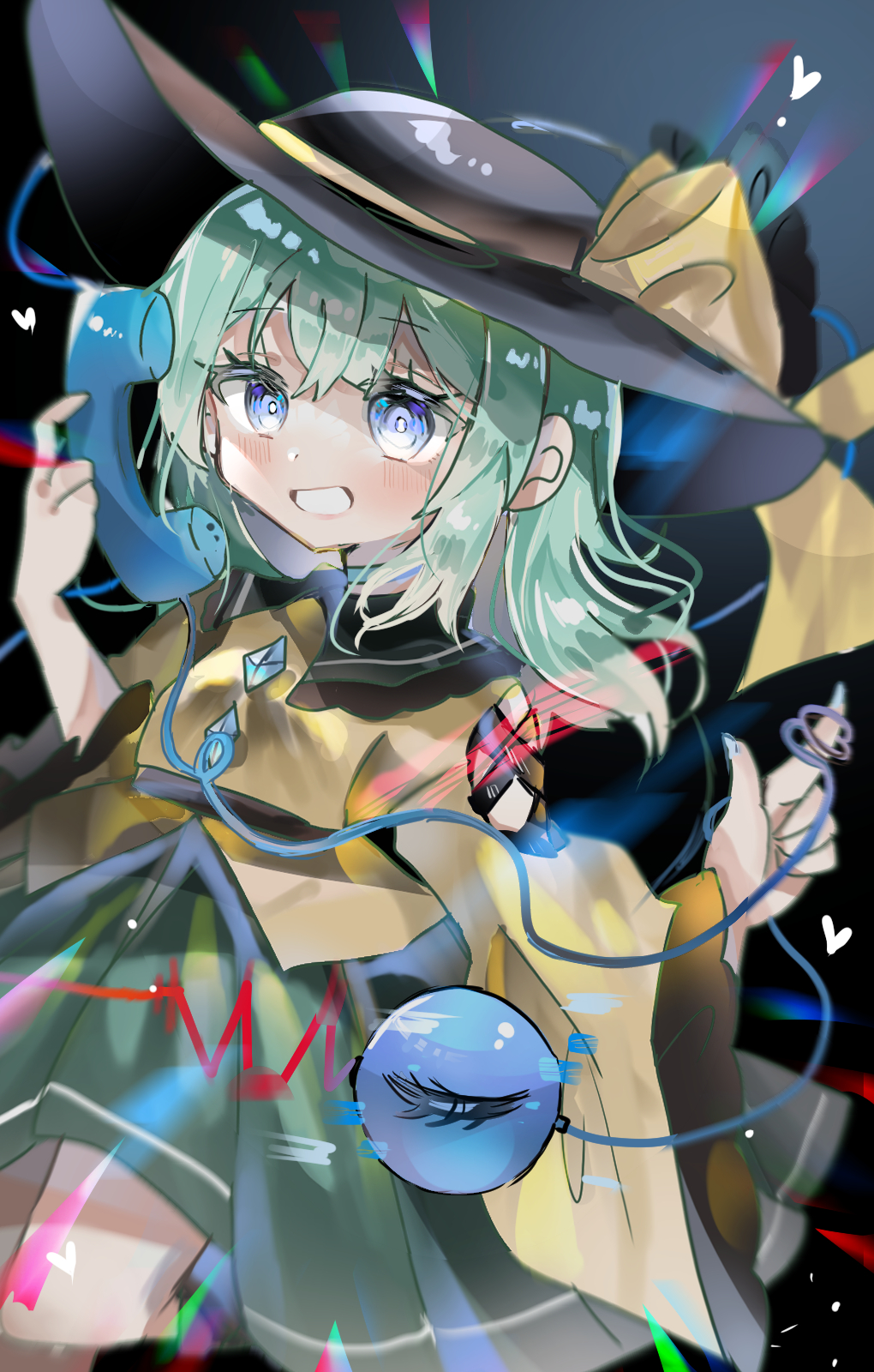 1girl black_hat blouse blue_eyes borrowed_character bow buttons diamond_button doodles eyeball frilled_shirt_collar frilled_sleeves frills green_hair green_skirt hat hat_bow hat_ribbon heart heart_of_string highres holding holding_phone komeiji_koishi open_mouth phone ramochi ribbon shirt skirt teeth third_eye touhou upper_body wide_sleeves yellow_bow yellow_ribbon yellow_shirt