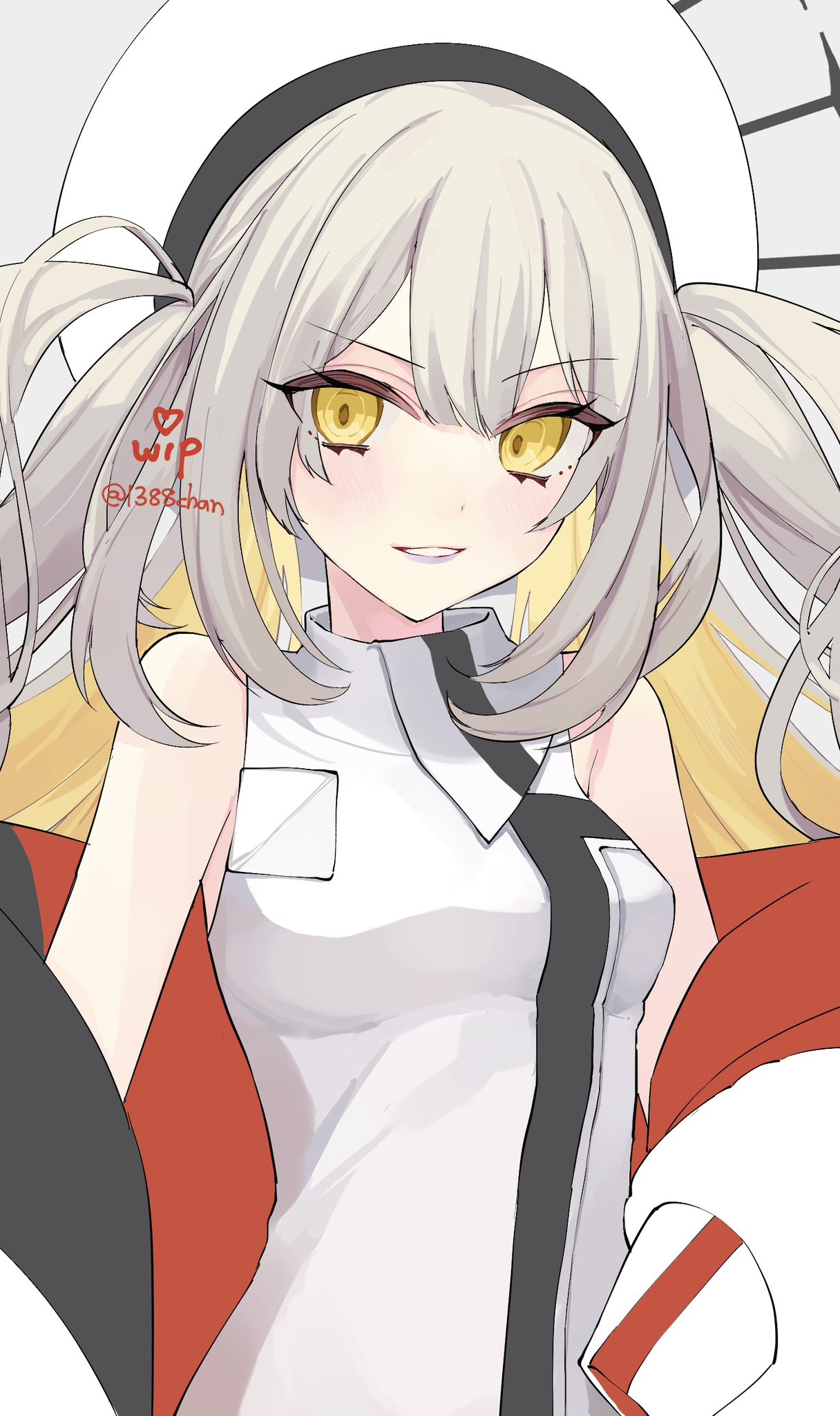 1388chan 1girl artist_name bare_shoulders blonde_hair colored_inner_hair commentary double-parted_bangs eyes_visible_through_hair fate/grand_order fate_(series) grey_background grey_hair grin hair_between_eyes hat heart highres jacket lipstick long_hair looking_at_viewer makeup marie_antoinette_(alter)_(fate) marie_antoinette_(alter)_(first_ascension)_(fate) marie_antoinette_(fate) multicolored_hair off_shoulder purple_lips shirt simple_background sleeveless sleeveless_shirt smile solo twitter_username two_side_up unfinished white_hat white_jacket white_shirt yellow_eyes