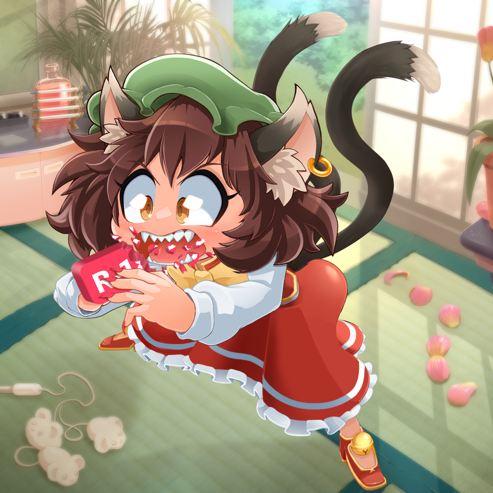 1girl animal_ear_fluff animal_ear_piercing animal_ears april_fools blush bow bowtie brown_eyes brown_hair cat_ears cat_girl cat_tail cat_teaser chen commentary_request content_rating daniel_renard dress earrings eating english_commentary fangs fingernails fourth_wall full_body hat indoors jewelry jumping long_sleeves medium_bangs medium_hair mixed-language_commentary mob_cap multiple_tails open_mouth petals plant potted_plant red_dress red_nails sharp_fingernails shirt shouji single_earring sleeveless sleeveless_dress sliding_doors solo tail tatami touhou two_tails white_shirt yellow_bow yellow_bowtie