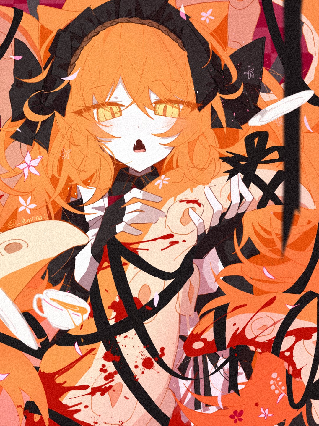 1girl alternate_eye_color black_bow black_gloves black_hairband black_ribbon blood blood_on_clothes bow cup fangs fingerless_gloves flower gloves hair_bow hairband hands_up highres holding_tentacle ishmael_(project_moon) lemonail limbus_company maid_headdress open_mouth orange_eyes orange_hair project_moon ribbon sidelocks solo teacup tentacle_hair white_flower