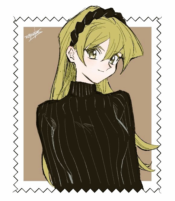 1girl 203wolves alternate_costume blonde_hair breasts closed_mouth cropped_torso flat_color hair_between_eyes inset_border light_blush long_hair looking_at_viewer medium_breasts smile solo sweater tenjouin_asuka turtleneck turtleneck_sweater yu-gi-oh! yu-gi-oh!_gx
