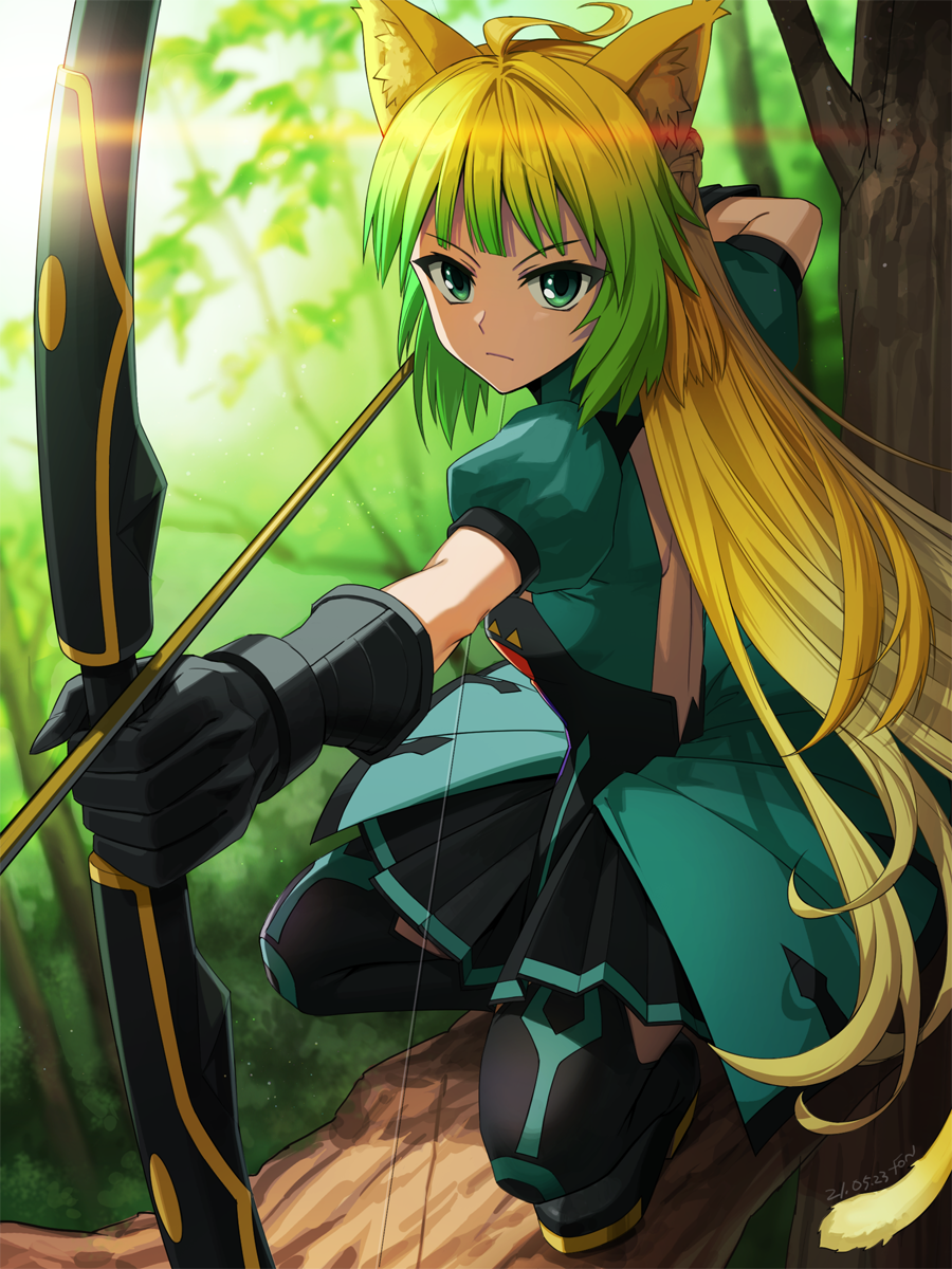 1girl ahoge animal_ear_fluff animal_ears arrow_(projectile) atalanta_(fate) bare_back black_gloves black_thighhighs blonde_hair blue_dress bow_(weapon) cat_ears cat_tail closed_mouth drawing_bow dress fate/apocrypha fate_(series) fon-due_(fonfon) forest gloves green_eyes green_hair highres holding holding_bow_(weapon) holding_weapon in_tree long_hair looking_at_viewer multicolored_hair nature short_sleeves solo tail thigh-highs tree two-tone_hair weapon