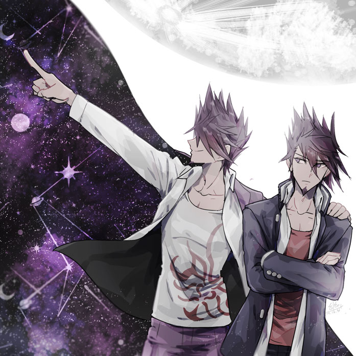 2boys asymmetrical_sleeves black_pants blending blue_jacket blue_sleeves buttons closed_mouth collarbone collared_jacket collared_shirt commentary_request constellation cowboy_shot crossed_arms danganronpa_(series) danganronpa_v3:_killing_harmony dated dual_persona facial_hair goatee hair_over_eyes hand_on_another's_shoulder high_collar jacket jacket_partially_removed layered_sleeves light_frown long_sleeves looking_at_another male_focus mismatched_sleeves momota_kaito multiple_boys pants pectoral_cleavage pectorals purple_hair purple_jacket purple_sleeves red_tank_top shirt short_hair signature simple_background smile space spiky_hair tank_top two-sided_fabric two-sided_jacket u_u_ki_u_u violet_eyes white_background white_shirt white_tank_top