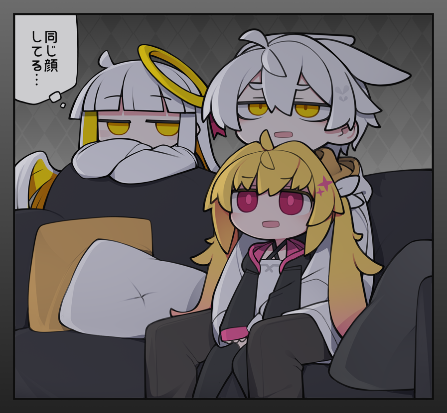 1boy 2girls ahoge animal_ears argyle_background black_hoodie black_pants black_thighhighs blonde_hair blunt_bangs border bright_pupils child colored_inner_hair commentary_request couch covered_mouth crossed_arms cushion dorodra_(kisaragi_kaya) dress gradient_hair grey_border grey_dress grey_hoodie hair_intakes hair_wings halo heart hood hood_down hoodie jitome kisaragi_kaya leaning_on_object long_sleeves multicolored_hair multiple_girls on_couch open_clothes open_hoodie open_mouth original over-kneehighs pants pink_eyes pink_pupils pink_trim rasul_(kisaragi_kaya) shirt sitting sitting_between_lap sleeves_past_wrists thigh-highs thought_bubble translation_request twintails white_shirt yellow_eyes