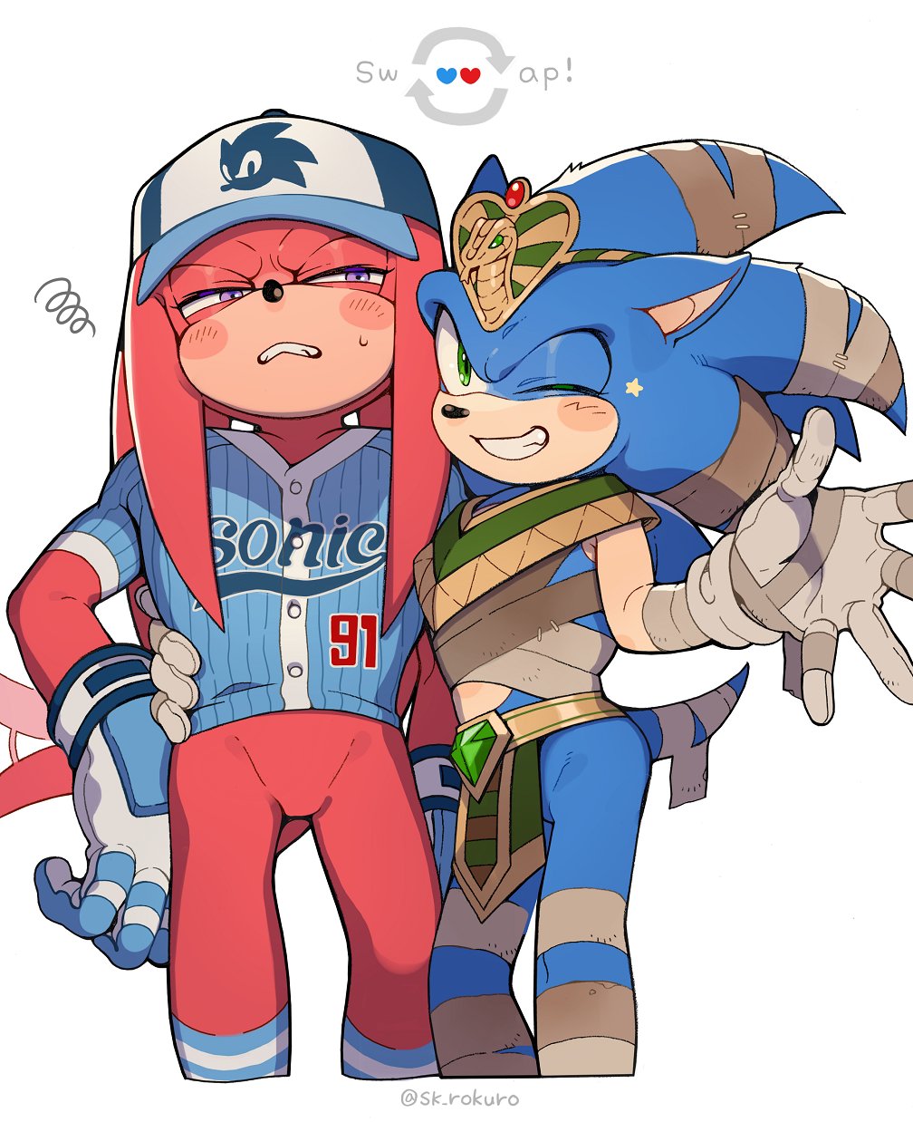 2boys alternate_costume artist_name bandaged_arm bandaged_head bandaged_leg bandages baseball_cap baseball_jersey blue_fur blue_gloves blue_hat blue_shirt blush egyptian_clothes furry furry_male gloves green_eyes grin hand_on_own_hip hat highres jersey knuckles_the_echidna multiple_boys mummy_costume one_eye_closed red_fur shirt short_sleeves simple_background sk_rokuro smile sonic_(series) sonic_the_hedgehog tail two-tone_gloves violet_eyes white_background white_gloves