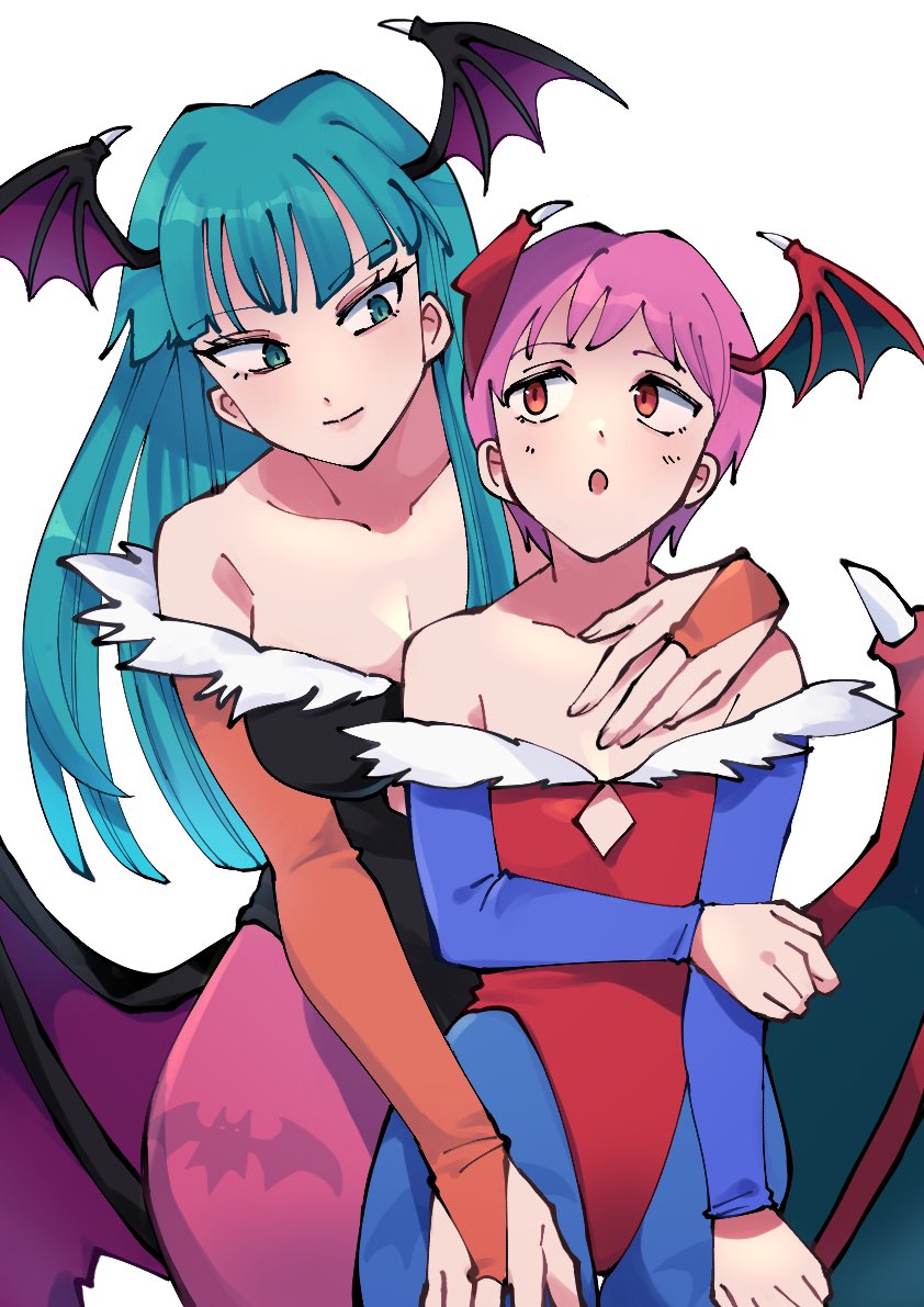 2girls bat_wings breasts demon_girl flat_chest green_hair hand_on_another's_shoulder hand_on_another's_thigh head_wings height_difference leotard lilith_aensland long_hair medium_breasts morrigan_aensland multiple_girls oushiza_towel short_hair vampire_(game) wings yuri