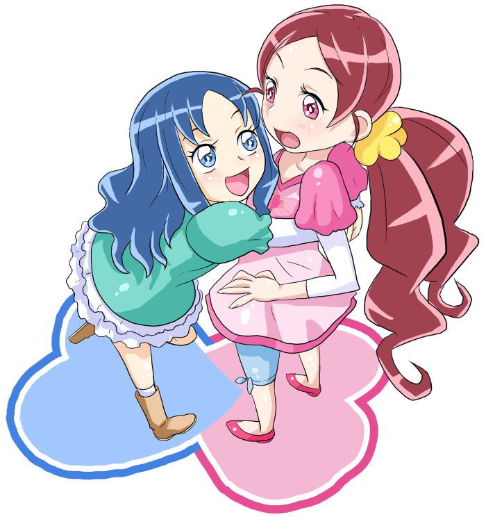 2girls anime_coloring ankle_socks aqua_dress aqua_sleeves arms_around_waist blue_eyes blue_hair blue_shorts boots brown_footwear commentary_request dress eyelashes flower frilled_dress frills full_body hair_flower hair_ornament hanasaki_tsubomi heartcatch_precure! high_heels hug kurumi_erika layered_sleeves light_blush long_hair long_sleeves looking_at_another low_twintails multiple_girls no_socks open_mouth pink_dress pink_eyes pink_footwear pink_sleeves precure puffy_short_sleeves puffy_sleeves pumps redhead short_dress short_over_long_sleeves short_sleeves shorts simple_background smile socks tied_shorts toryuu twintails very_long_hair wavy_hair white_background white_sleeves white_socks yellow_flower