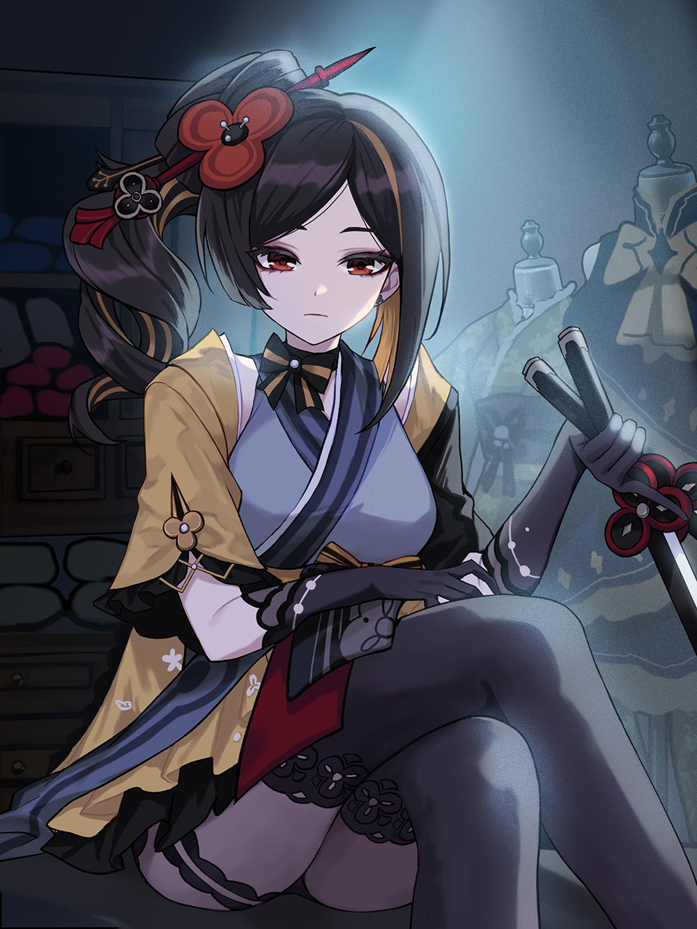 1girl black_gloves black_hair black_thighhighs chiori_(genshin_impact) commentary feet_out_of_frame genshin_impact gloves grey_kimono hair_ornament hair_stick haori highres holding holding_sword holding_weapon indoors japanese_clothes kimono kyundoo long_hair looking_at_viewer red_eyes short_sleeves side_ponytail sitting solo sword thigh-highs thighs weapon