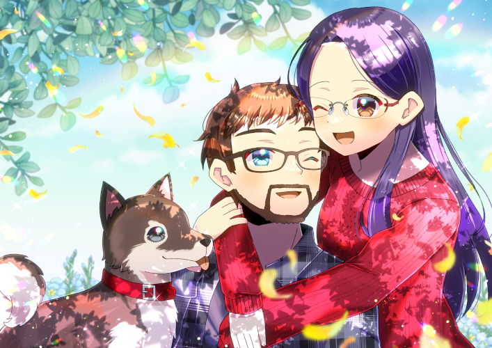 1boy 1girl ;d animal aran_sweater arms_around_neck beard blue_eyes blue_sky brown-framed_eyewear brown_eyes brown_hair cable_knit clouds collar collared_shirt commentary_request commission day dog facial_hair forehead glasses grey_eyes grey_shirt kou_hiyoyo long_hair long_sleeves mustache one_eye_closed original outdoors parted_bangs petals plaid plaid_shirt puffy_long_sleeves puffy_sleeves purple_hair red_collar red_sweater ribbed_sweater shirt skeb_commission sky sleeves_past_wrists smile sweater tongue tongue_out upper_body very_long_hair