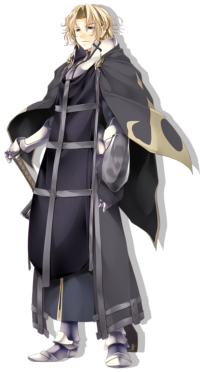1boy armor armored_boots armored_gloves atelier-moo blonde_hair blue_eyes boots cloak closed_mouth curtained_hair holding holding_sword holding_weapon knight looking_at_viewer parted_bangs short_hair solo standing sword transparent_background vasileus wavy_hair weapon wizards_symphony