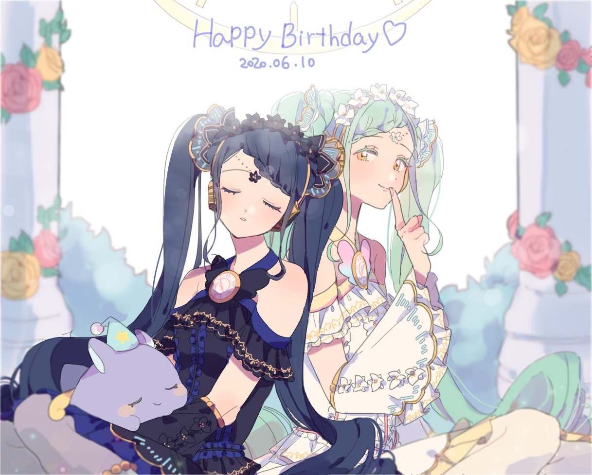 2girls baku_(creature) bare_shoulders black_dress blue_hair braid braided_bangs closed_eyes closed_mouth column creature dated detached_sleeves dress falala_a_larm finger_to_mouth flower frilled_sleeves frills garara_s_leep green_hair happy_birthday head_chain headphones holding holding_creature idol_clothes idol_time_pripara leaning_on_person long_hair looking_at_viewer multiple_girls pakku_(pripara) pillar pink_flower pink_rose pretty_series pripara res2shuu rose shushing siblings sisters sitting sleeping sleeping_on_person sleeping_upright smile twins twintails very_long_hair white_dress wide_sleeves yellow_eyes yellow_flower yellow_rose