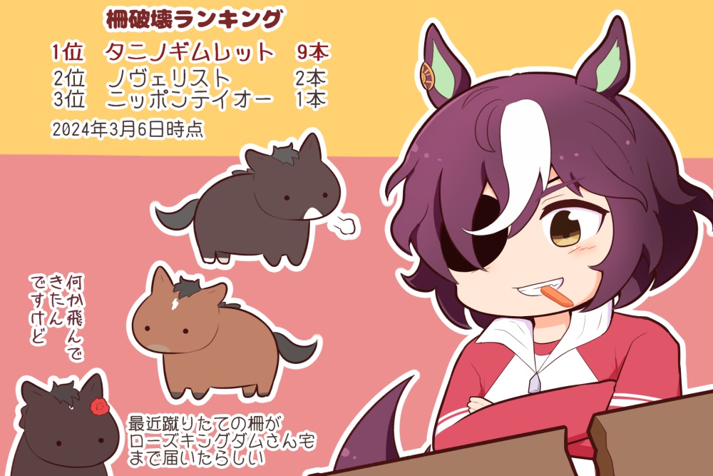 1girl animal animal_ears broken brown_eyes carrot chibi crossed_arms eyepatch fence flower food_in_mouth gomashio_(goma_feet) grin gym_shirt hair_between_eyes hair_over_one_eye horse horse_ears horse_girl horse_tail mouth_hold multicolored_hair nippon_teio_(racehorse) novellist_(racehorse) outline purple_hair red_flower rose_kingdom_(racehorse) shirt smile tail tanino_gimlet_(umamusume) translation_request two-tone_hair umamusume white_hair white_outline white_shirt wooden_fence