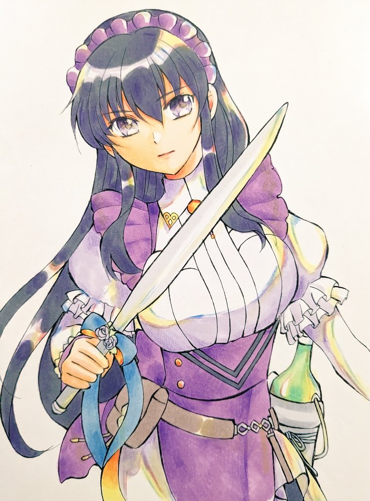 1girl ayra_(fire_emblem) ayra_(tea_party)_(fire_emblem) black_hair chika_1 commentary_request fire_emblem fire_emblem:_genealogy_of_the_holy_war fire_emblem_heroes frilled_sleeves frills hair_between_eyes holding holding_sword holding_weapon long_hair official_alternate_costume puffy_short_sleeves puffy_sleeves short_sleeves simple_background solo standing sword violet_eyes weapon white_background