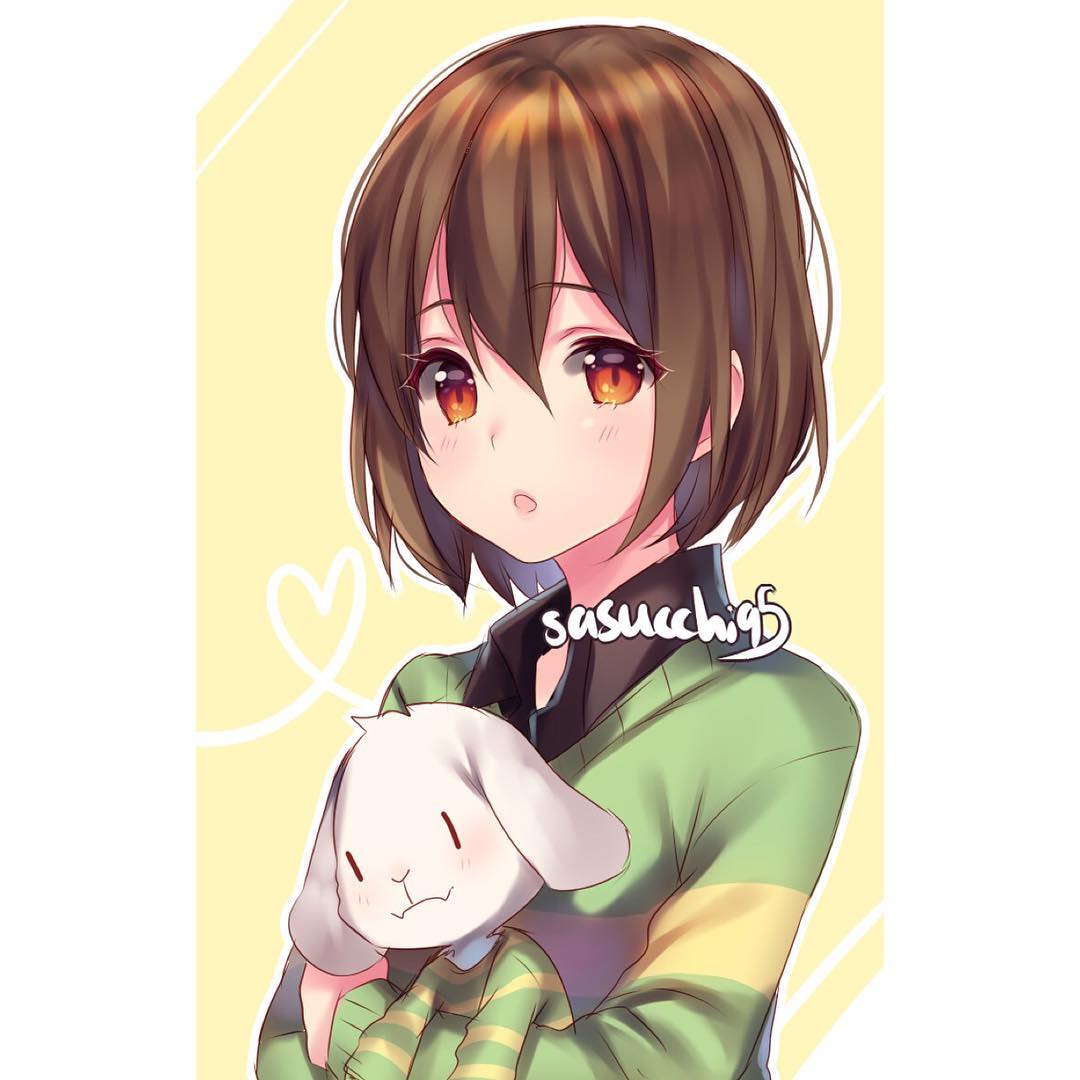 1other :o androgynous asriel_dreemurr blush brown_hair chara_(undertale) character_doll collared_shirt doll green_sweater hair_between_eyes heart holding holding_doll long_sleeves looking_at_viewer open_mouth orange_eyes sasucchi95 shirt short_hair solo striped_clothes striped_sweater sweater undertale upper_body yellow_background yellow_sweater
