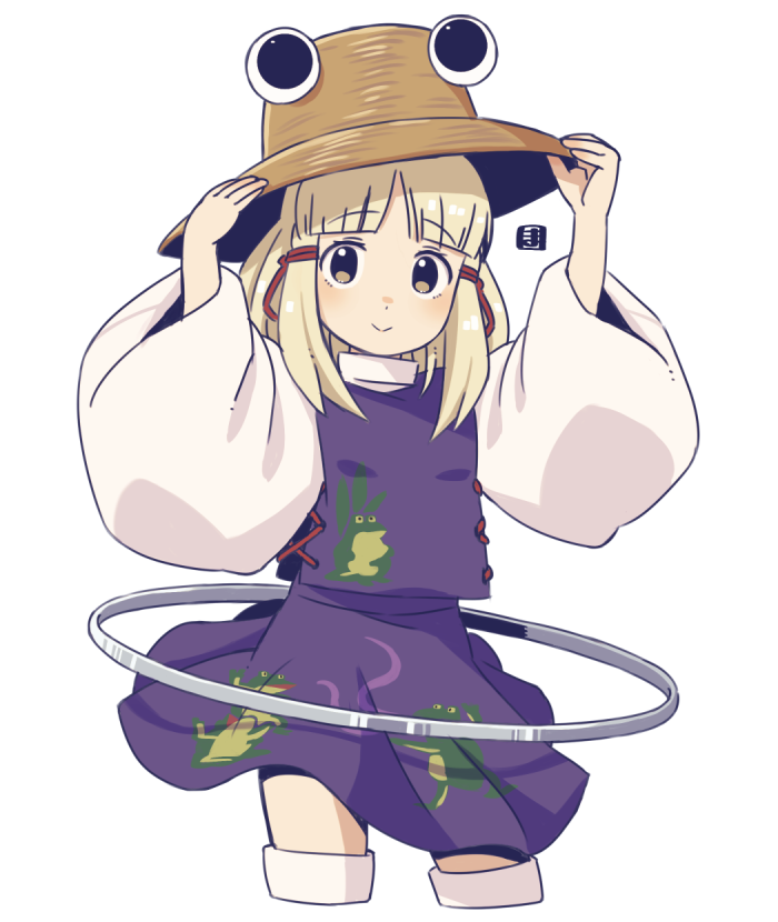1girl arms_up brown_eyes brown_hat closed_mouth commentary_request cropped_legs hands_on_headwear hoop light_brown_hair long_sleeves looking_at_viewer mawaru_(mawaru) moriya_suwako parted_bangs pleated_skirt purple_skirt purple_vest shirt simple_background skirt skirt_set smile solo thigh-highs touhou turtleneck_shirt vest white_background white_shirt white_thighhighs wide_sleeves