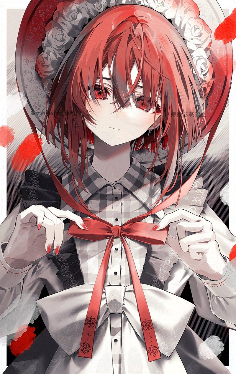 1girl bow buttons closed_mouth collared_shirt expressionless fingernails flower frills hair_between_eyes hair_flower hair_ornament hat highres jacket long_sleeves looking_at_viewer original oshio_(dayo) plaid plaid_shirt red_bow red_eyes red_nails red_theme redhead rose shirt solo upper_body white_bow white_flower white_rose
