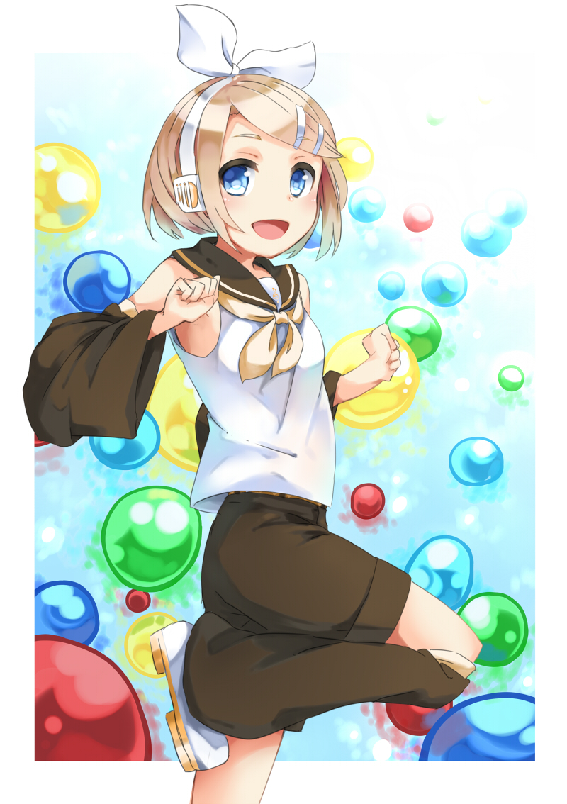 1girl :d bare_shoulders blue_eyes blush bow bow_hairband breasts brown_sailor_collar brown_shorts bubble_background commentary_request detached_leggings detached_sleeves dot_nose foot_out_of_frame hair_ornament hairband hairclip hands_up inset_border kagamine_rin kuresuku_(lessons) leg_up light_brown_hair looking_at_viewer looking_to_the_side multicolored_background neckerchief open_mouth outside_border parted_bangs raised_eyebrows sailor_collar shirt short_hair short_shorts shorts sidelocks sideways_glance sleeveless sleeveless_shirt small_breasts smile solo standing standing_on_one_leg thick_eyelashes vocaloid white_bow white_footwear wide_sleeves yellow_neckerchief