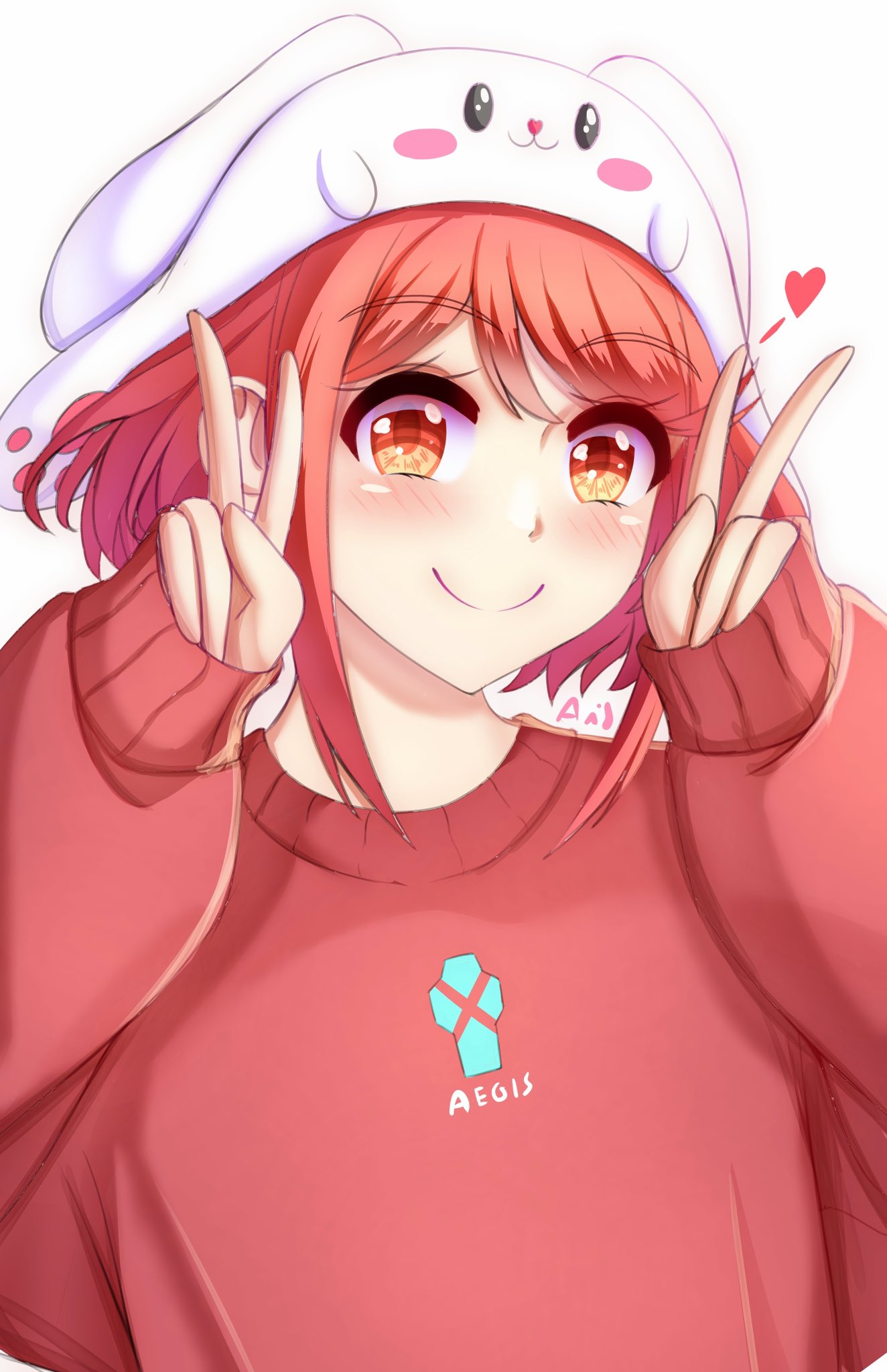 1girl animal_hat anisdrawn blush bob_cut closed_mouth commentary core_crystal_(xenoblade) double_v english_commentary hat heart highres pyra_(xenoblade) rabbit_hat red_sweater redhead simple_background sleeves_past_wrists smile solo sweater upper_body v white_background white_hat xenoblade_chronicles_(series) xenoblade_chronicles_2