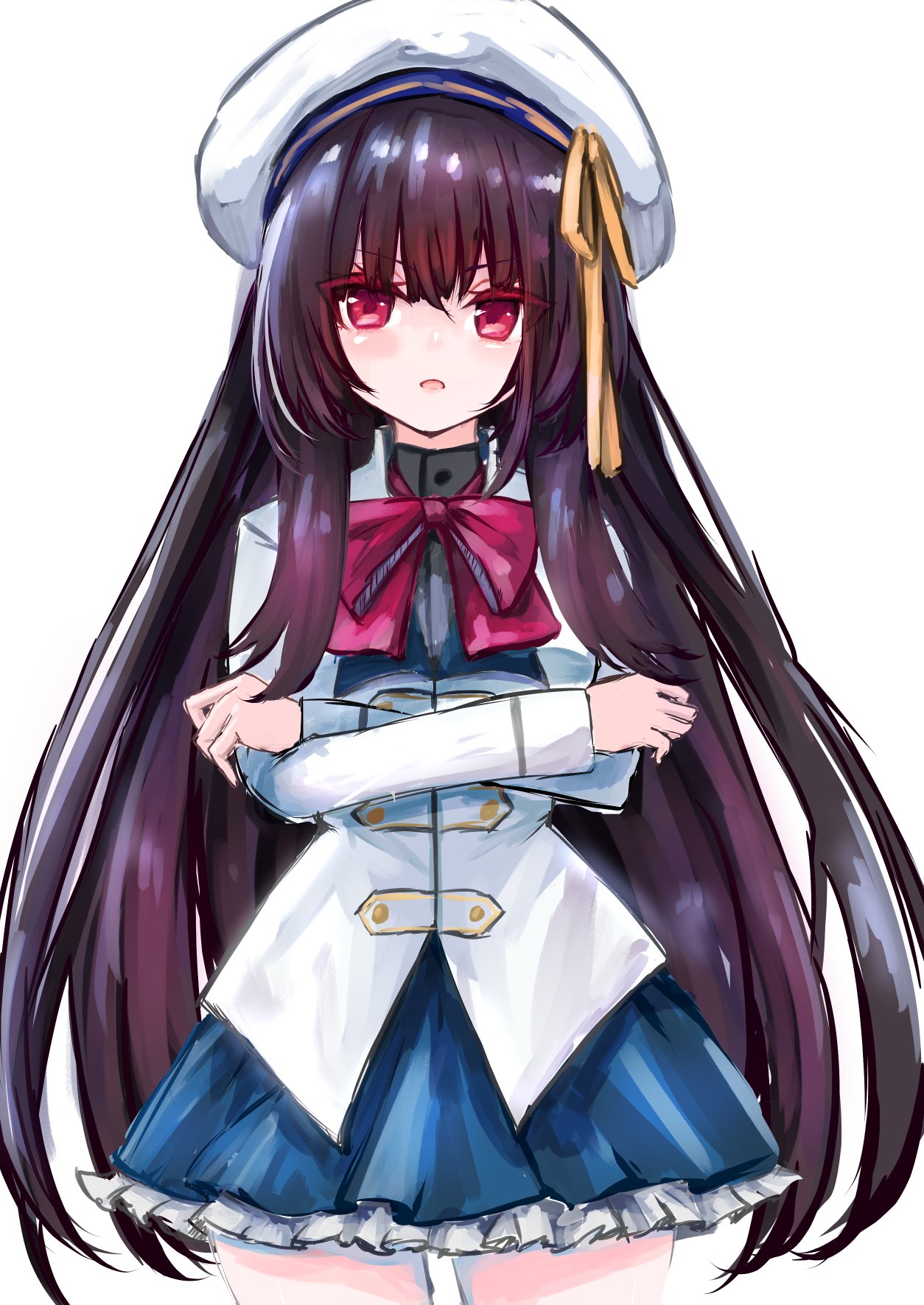 1girl arms_under_breasts assault_lily beret black_footwear black_hair blue_skirt bow bowtie breasts commentary_request cowboy_shot crossed_arms frilled_skirt frills hat hat_ribbon herensuge_girls_academy_school_uniform highres jacket light_blush long_hair long_sleeves looking_at_viewer medium_breasts miniskirt morimoto_yuni neni_hatahachi parted_lips red_bow red_bowtie red_eyes ribbon school_uniform sidelocks simple_background skirt solo standing v-shaped_eyebrows very_long_hair white_background white_hat white_jacket yellow_ribbon