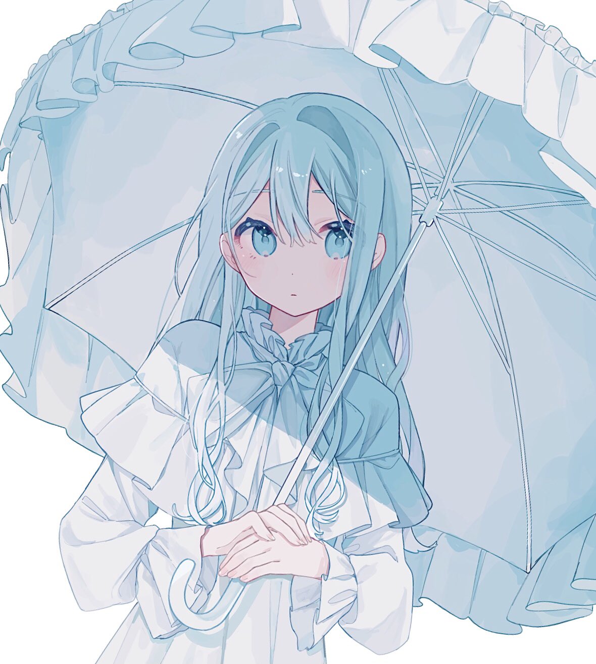 1girl :| blue_eyes blue_hair blush capelet closed_mouth collared_dress dot_nose dress expressionless frilled_capelet frilled_umbrella frills hair_between_eyes hair_intakes hanuru~! highres holding holding_umbrella long_hair long_sleeves looking_at_viewer original own_hands_together shadow sidelocks simple_background solo straight_hair umbrella upper_body white_background white_capelet white_dress white_umbrella