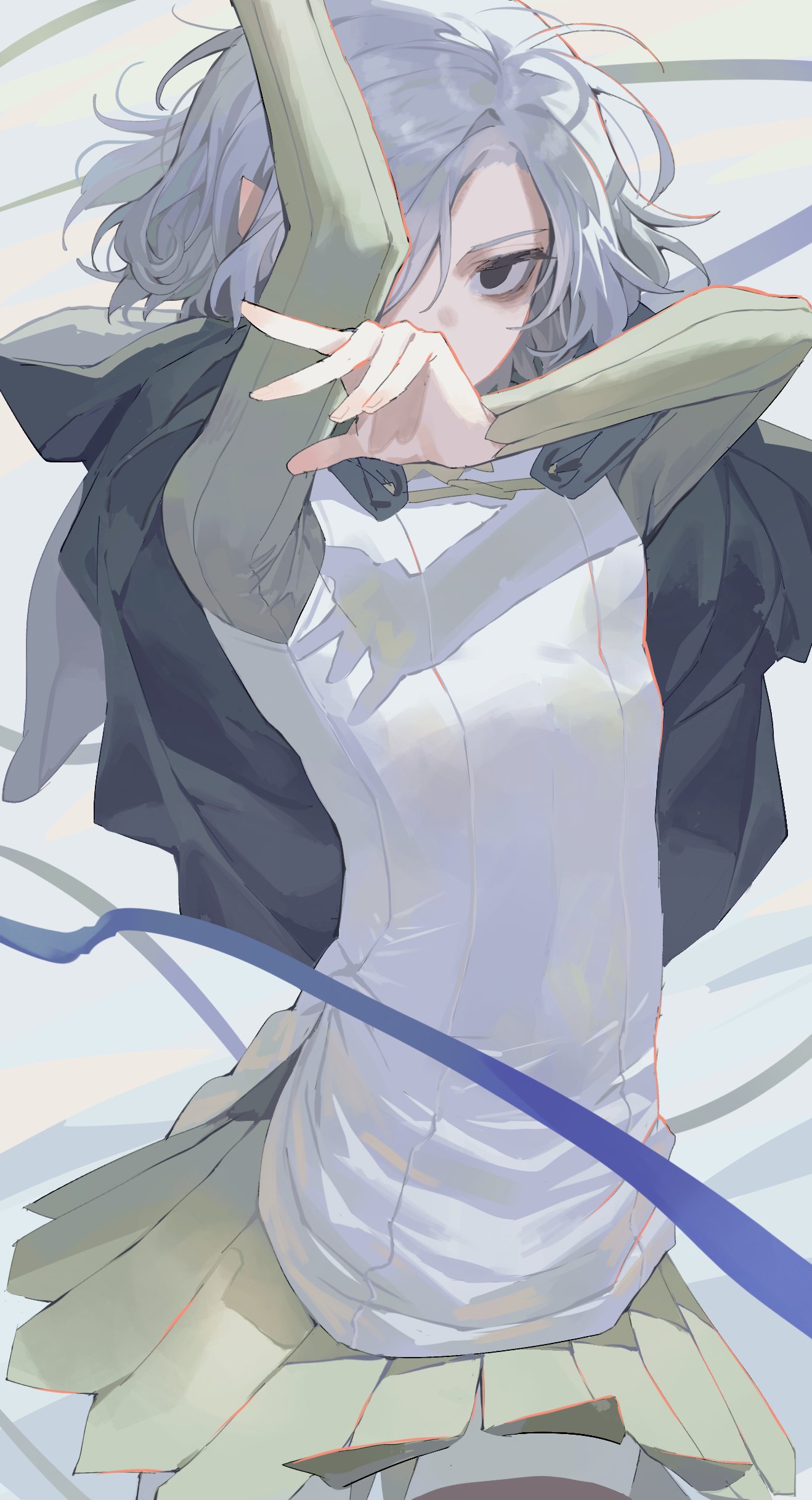 1boy absurdres androgynous black_eyes capelet cowboy_shot dungeon_meshi hand_up highres male_focus mara_universe mithrun one_eye_closed short_hair simple_background solo white_background white_hair