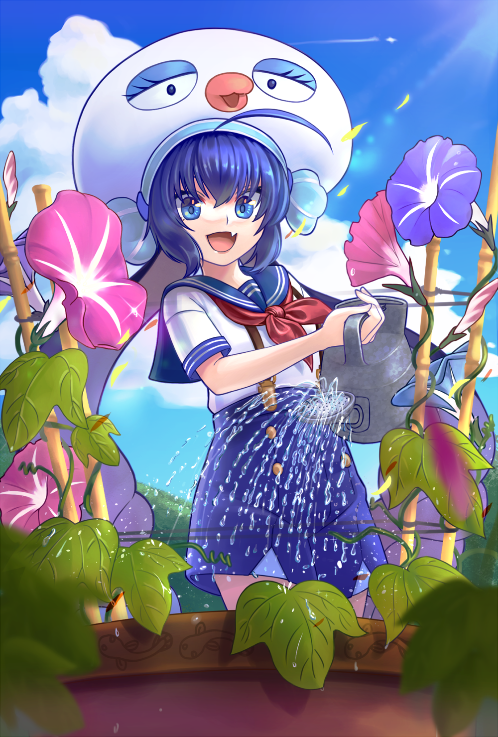 1girl ahoge animal_hat blue_eyes blue_flower blue_hair blue_skirt blue_sky clouds day fang flower flower_request garden hat highres holding holding_watering_can kaeru_(csit24) leaf looking_at_viewer neckerchief open_mouth otomachi_una outdoors pink_flower red_neckerchief school_uniform serafuku short_hair short_sleeves skin_fang skirt sky solo suspenders voiceroid watering watering_can white_hat