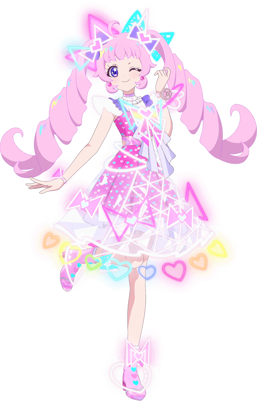 1girl aozora_himari blue_eyes blunt_bangs boots bow closed_mouth dress drill_hair full_body glowing_clothes hair_bow hand_up heart highres himitsu_no_aipri idol_clothes long_hair looking_at_viewer official_art one_eye_closed pink_bow pink_dress pink_footwear pink_hair pretty_series second-party_source smile solo standing standing_on_one_leg transparent_background twin_drills twintails violet_eyes