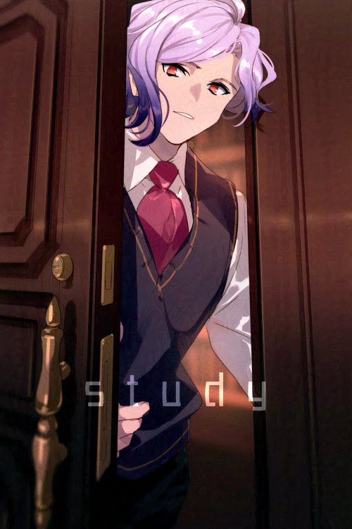 1boy black_hair black_vest collared_shirt commentary_request door echo_(circa) edmond_dantes_(fate) english_text fate/grand_order fate_(series) gradient_hair long_sleeves looking_at_viewer male_focus multicolored_hair necktie opening_door purple_hair red_eyes red_necktie shirt solo the_count_of_monte_cristo_(fate) twitter_username two-tone_hair vest white_shirt