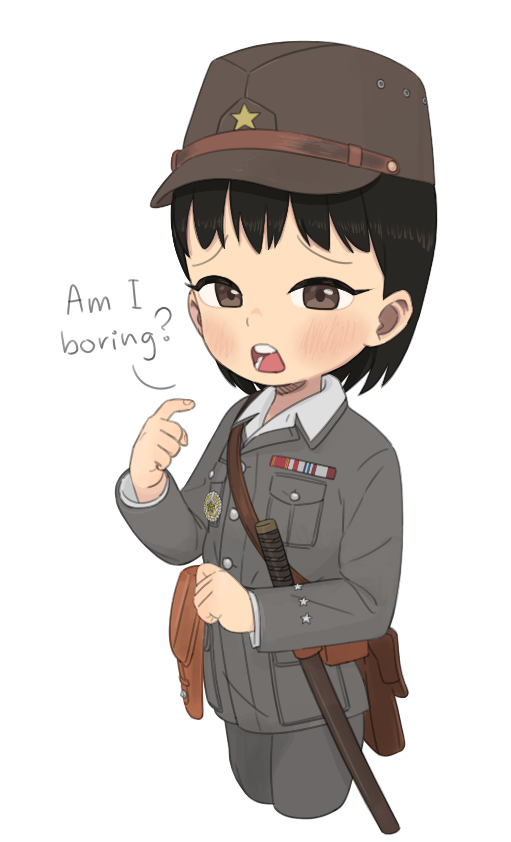 1girl black_cat03 black_hair brown_eyes child commentary cropped_legs english_commentary english_text frown grey_jacket hat highres holster imperial_japanese_army jacket open_mouth original pointing pointing_at_self sheath short_hair solo sword weapon