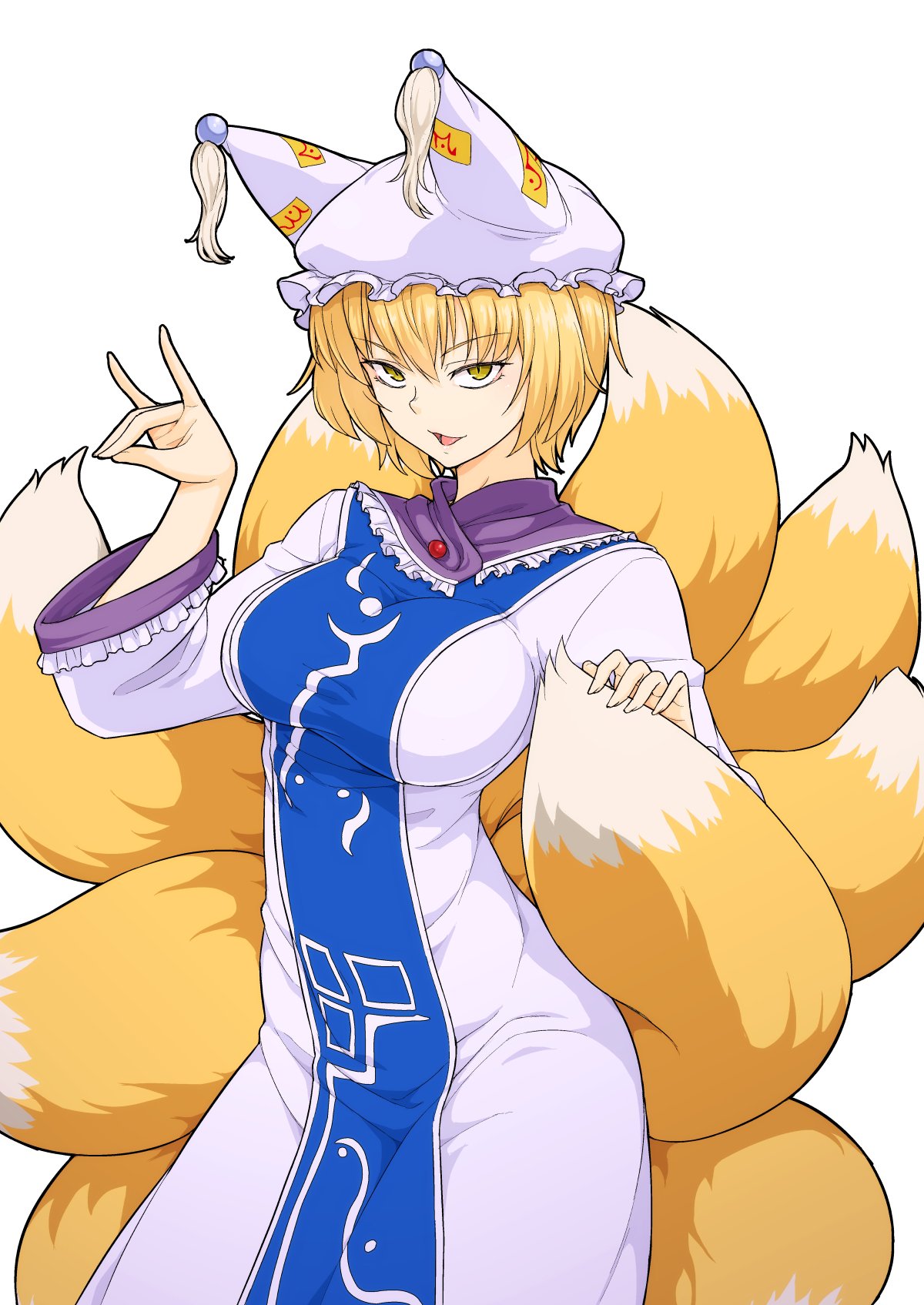 1girl blonde_hair breasts commentary dress fox_girl fox_shadow_puppet fox_tail hat highres kakone kitsune large_breasts looking_at_viewer mob_cap multiple_tails open_mouth short_hair simple_background solo tabard tail touhou white_background white_dress yakumo_ran yellow_eyes