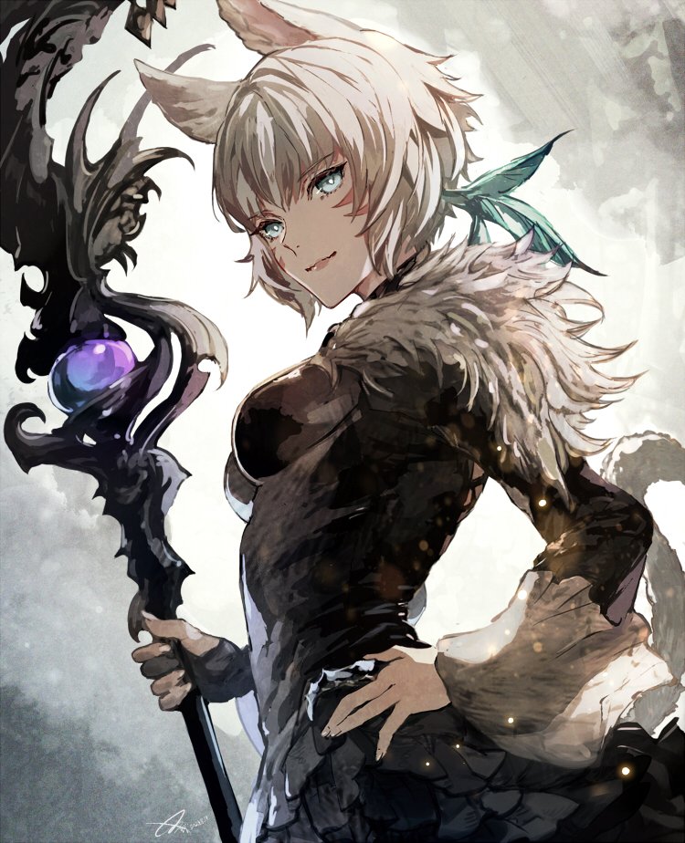 1girl animal_ears black_choker black_dress black_gloves blue_eyes bright_pupils cat_ears cat_girl cat_tail choker cowboy_shot dress facial_mark feather_hair_ornament feathers final_fantasy final_fantasy_xiv from_side fur-trimmed_dress fur_trim gloves grey_background hair_ornament hand_on_own_hip holding holding_staff long_sleeves looking_at_viewer miqo'te nijihayashi partially_fingerless_gloves short_hair signature simple_background single_glove smile solo staff tail white_hair white_pupils y'shtola_rhul