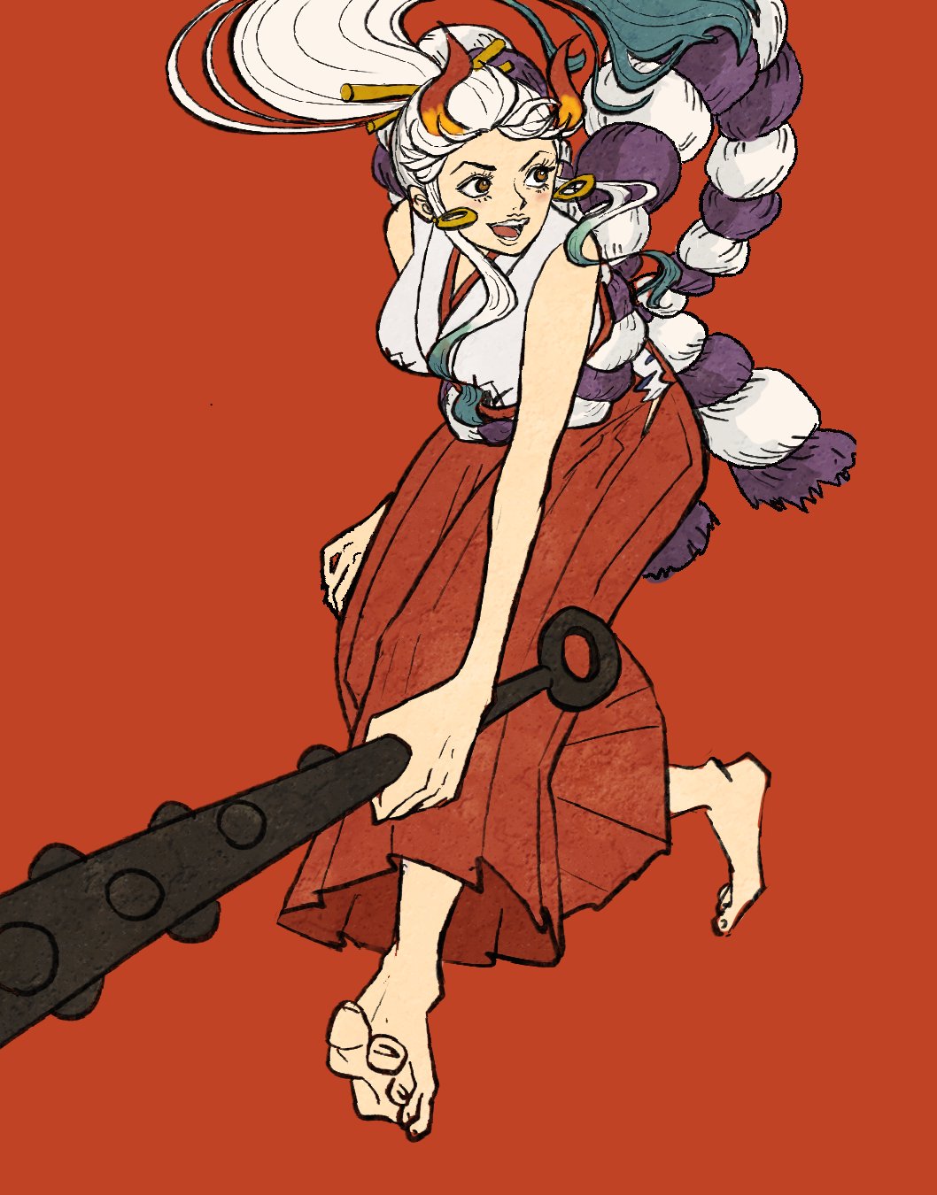 1girl barefoot club_(weapon) commentary earrings full_body green_hair hakama hakama_pants highres holding holding_weapon horns japanese_clothes jewelry kanabou kimono looking_to_the_side multicolored_hair one_piece oooooogu24 open_mouth pants ponytail red_background red_hakama rope running shimenawa sidelocks simple_background sleeveless sleeveless_kimono smile solo weapon white_hair white_kimono yamato_(one_piece)
