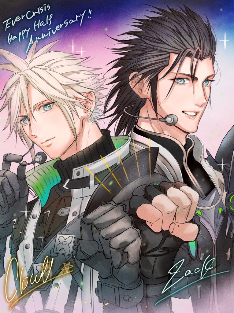 2b_fff 2boys armor black_gloves black_hair black_jacket black_shirt blonde_hair blue_eyes clenched_hand closed_mouth cloud_strife cloud_strife_(saber_style) final_fantasy final_fantasy_vii final_fantasy_vii_ever_crisis fingerless_gloves gloves hair_between_eyes hair_slicked_back headset idol jacket male_focus multiple_boys official_alternate_costume parted_lips ribbed_sweater shirt short_hair shoulder_armor sideburns sparkle spiky_hair sweater swimsuit turtleneck upper_body zack_fair zack_fair_(guardian_style)