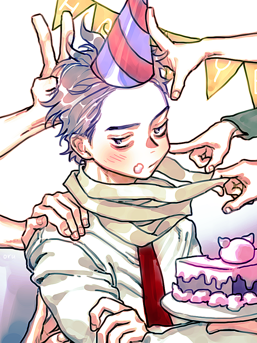 1boy bags_under_eyes blush boku_no_hero_academia cake fingernails food food_on_face grey_scarf hand_on_another's_shoulder happy_birthday hat holding holding_plate male_focus necktie oru_2ji out_of_frame party_hat plate purple_hair red_necktie scarf scarf_pull shinsou_hitoshi shirt short_hair solo_focus string_of_flags v white_shirt
