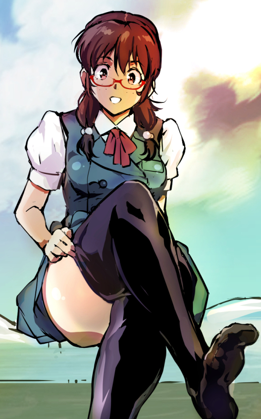 1girl brown_eyes brown_hair commentary_request crossed_legs day freckled_girl_(kamisimo_90) freckles glasses kamisimo_90 long_hair looking_at_viewer original pleated_skirt school_uniform shirt simple_background sitting skirt sky thigh-highs twintails vest