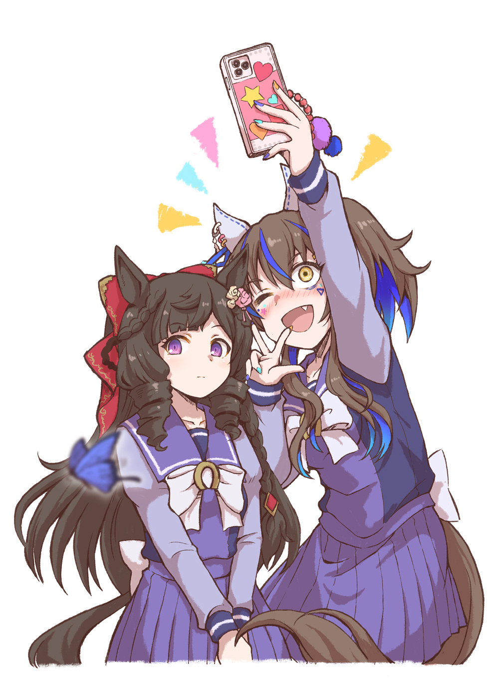 2girls animal_ears back_bow blue_hair blush bow bowtie brown_hair bug butterfly cellphone collared_shirt cowboy_shot daiichi_ruby_(umamusume) daitaku_helios_(umamusume) drill_hair ear_covers earrings fang flower hair_between_eyes hair_bow hair_flower hair_ornament height_difference highres horse_ears horse_girl horse_tail jewelry long_hair long_sleeves matching_outfits multicolored_hair multiple_girls nail_polish nose_blush one_eye_closed open_mouth phone pleated_skirt purple_shirt purple_skirt red_bow sailor_collar satomura_kyou shirt short_hair short_twintails sidelocks skirt smartphone smile streaked_hair tail twintails two-tone_shirt umamusume violet_eyes w white_bow white_bowtie yellow_eyes