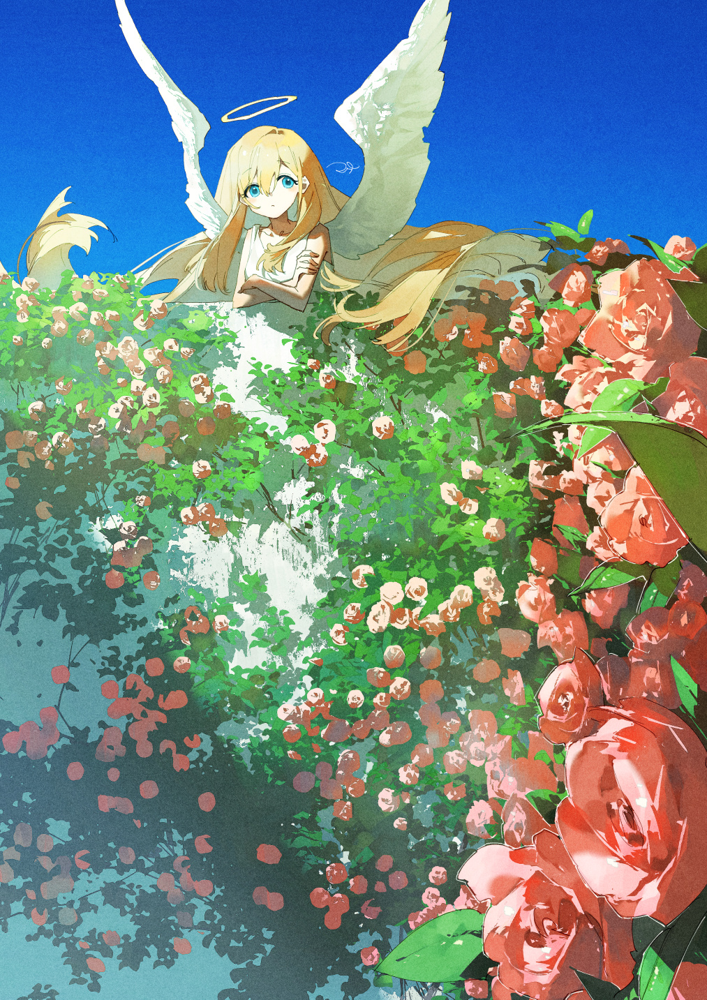 1girl bare_shoulders blonde_hair blue_eyes blue_sky clear_sky closed_mouth collarbone crossed_arms floating_hair flower hair_between_eyes hair_spread_out halo head_tilt highres ivy leaning_forward long_hair looking_at_viewer original overgrown pink_flower pink_rose potg_(piotegu) rose shirt sidelocks signature sky sleeveless sleeveless_shirt solo stone_wall very_long_hair white_shirt white_wings wings