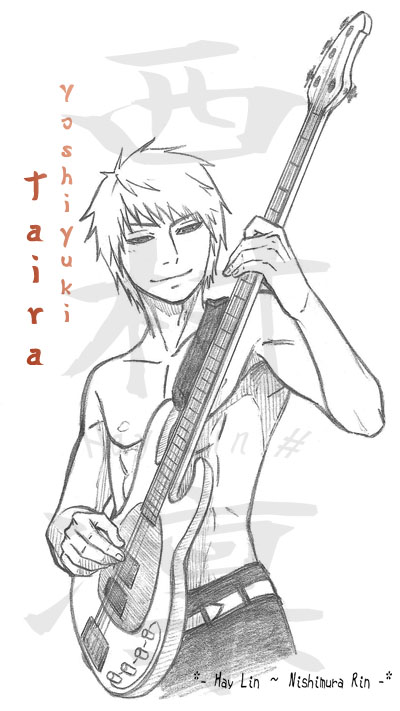 1boy abs bass_guitar beck character_name greyscale instrument male_focus monochrome music_man_stingray naru_lin_10969 nipples playing_bass short_hair simple_background smile solo taira_yoshiyuki topless_male white_background