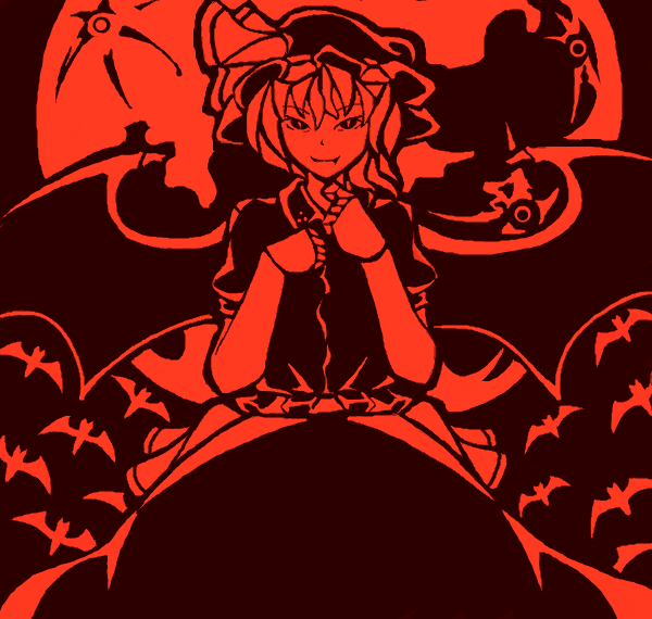 1girl back_bow bat_(animal) bat_wings bow closed_mouth collared_shirt cowboy_shot fang fang_out frilled_skirt frills full_moon hair_between_eyes hat looking_at_viewer medium_hair mob_cap monochrome moon outdoors puffy_short_sleeves puffy_sleeves red_background remilia_scarlet row_(akatuki) shirt short_sleeves simple_background skirt solo touhou wings
