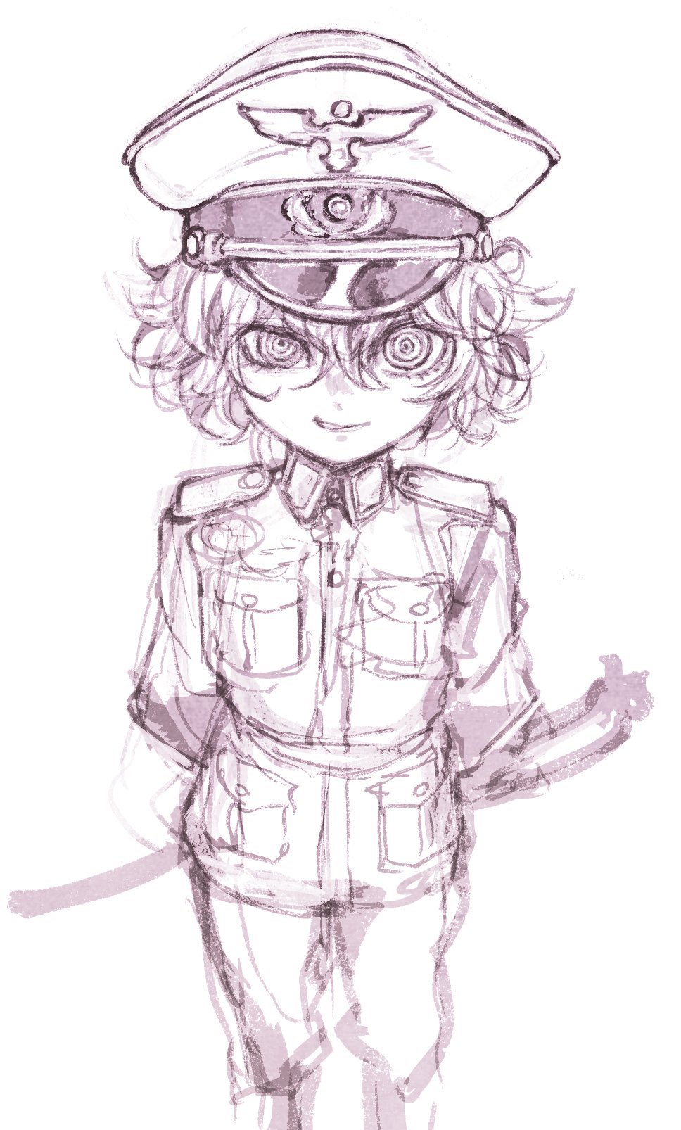 1girl arms_behind_back commentary_request greyscale hat highres iwamoto_tatsurou looking_at_viewer military military_uniform monochrome peaked_cap ringed_eyes short_hair simple_background sketch smile solo tanya_degurechaff uniform wavy_hair youjo_senki