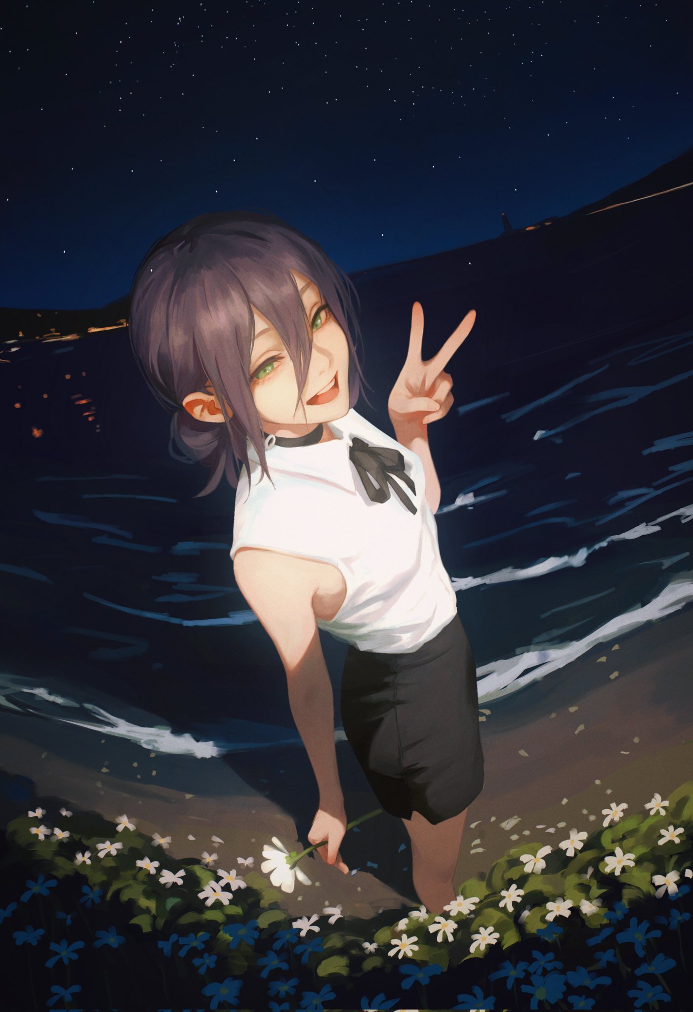 beach black_choker black_ribbon black_skirt breasts chainsaw_man choker double-parted_bangs flower green_eyes hair_between_eyes hair_bun highres holding holding_flower lighthouse looking_at_viewer night night_sky ocean open_mouth purple_hair reze_(chainsaw_man) ribbon shirt sidelocks skirt sky sleeveless sleeveless_shirt small_breasts standing star_(sky) starry_sky v white_shirt yao_liao_wang