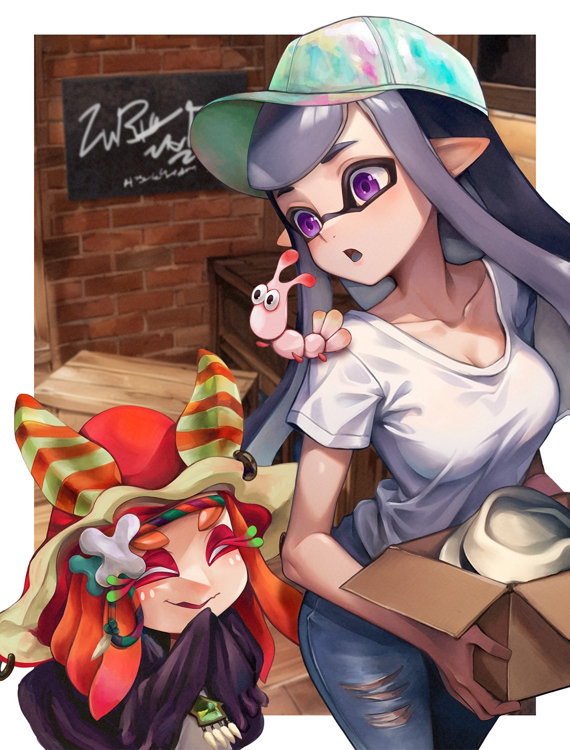 2girls ^_^ baseball_cap border box breasts closed_eyes collarbone colored_eyelashes commentary_request denim flow_(splatoon) hat highres holding holding_box inkling inkling_girl inkling_player_character jajanome jeans long_hair multiple_girls open_mouth outside_border pants purple_hair shirt smile splatoon_(series) tentacle_hair torn_clothes torn_jeans torn_pants violet_eyes white_border white_shirt