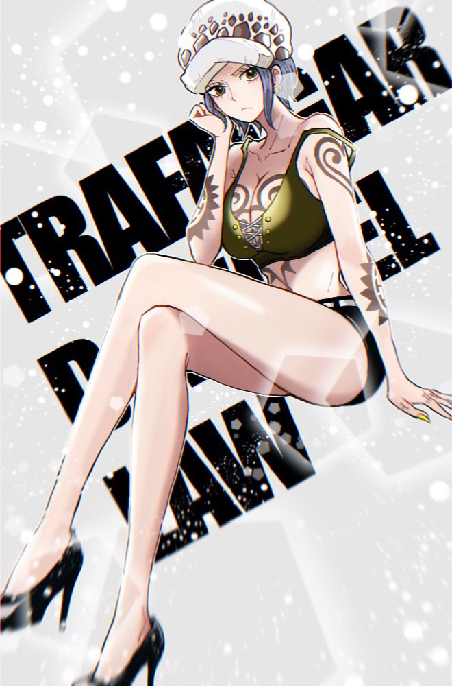 1girl arm_tattoo black_footwear character_name chest_tattoo commentary_request cross-laced_clothes cross-laced_top crossed_legs earrings genderswap genderswap_(mtf) hand_tattoo hat high_heels jewelry looking_at_viewer one_piece short_hair short_shorts shorts sidelocks sitting solo tattoo trafalgar_law yellow_nails yoru_(_ichiya_07)