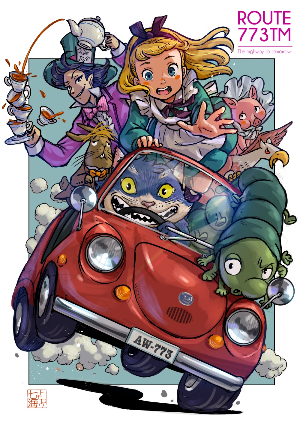 1girl 4boys alice_(alice_in_wonderland) alice_in_wonderland apron aqua_dress aqua_hat blonde_hair blue_background blue_eyes blush_stickers bonnet border bow bow_hairband bowtie car cat caterpillar caterpillar_(alice_in_wonderland) cheshire_cat_(alice_in_wonderland) cup dress driving english_text griffin hairband hat highres holding holding_cup holding_teapot license_plate long_hair long_sleeves mad_hatter_(alice_in_wonderland) march_hare_(alice_in_wonderland) motor_vehicle multiple_boys nanami_tomorou open_mouth orange_bow orange_bowtie outside_border pig pouring purple_bow purple_bowtie purple_suit rabbit reaching suit tea teapot top_hat whiskers white_border