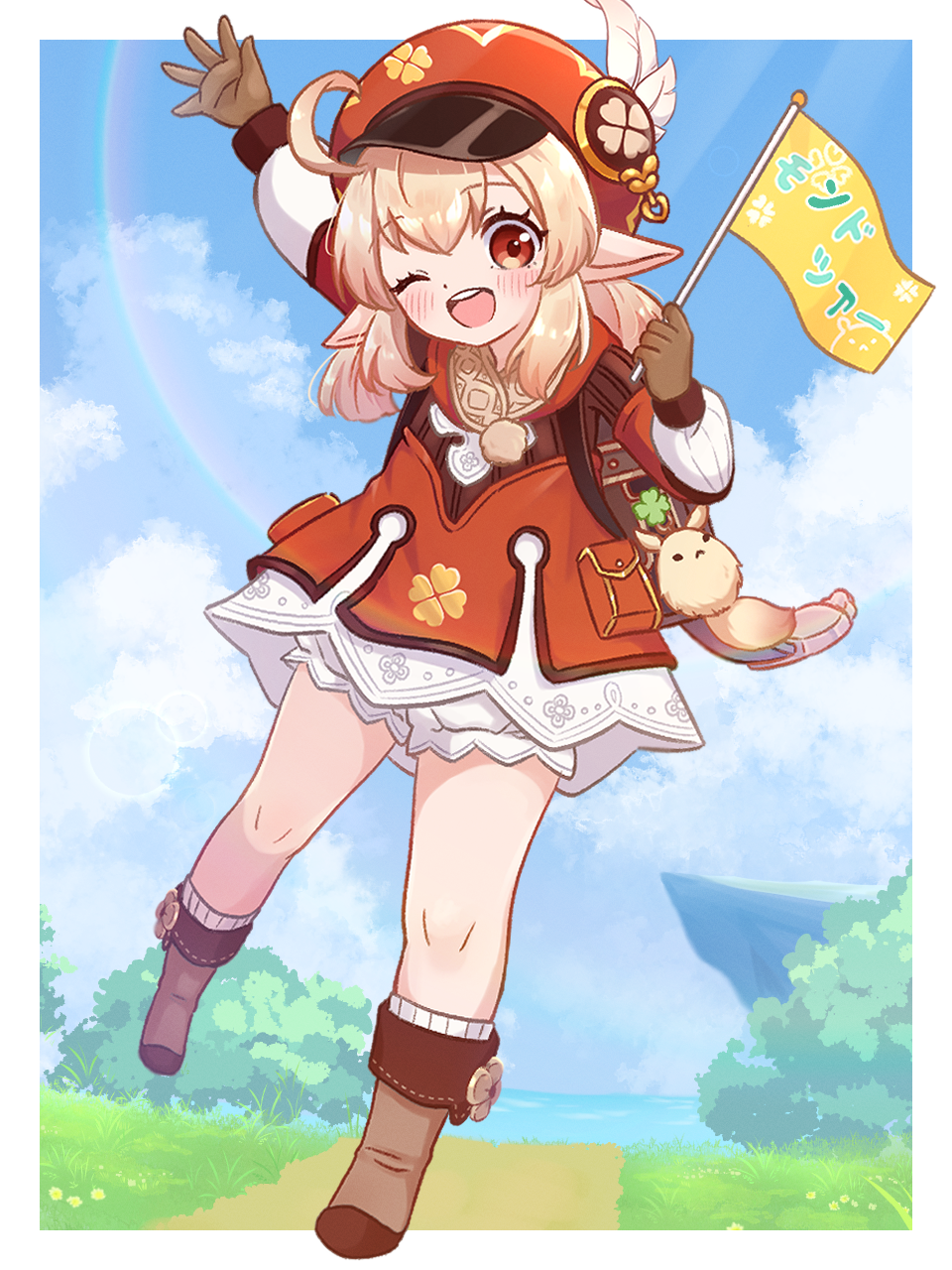 1girl ;d ahoge arm_up backpack bag bare_legs blonde_hair blue_sky boots brown_bag brown_footwear brown_gloves bush cabbie_hat child clouds cloudy_sky clover clover_print day dodoco_(genshin_impact) dot_nose dress flag four-leaf_clover genshin_impact gloves gold_trim grass hair_between_eyes hat hat_feather highres holding holding_flag horizon klee_(genshin_impact) light_blush long_sleeves looking_at_viewer low_twintails nami_harakamiaka one_eye_closed outdoors outside_border pointy_ears pom_pom_(clothes) puffy_long_sleeves puffy_sleeves rainbow randoseru red_dress red_eyes red_hat road sidelocks sky smile socks standing standing_on_one_leg teeth twintails upper_teeth_only white_socks