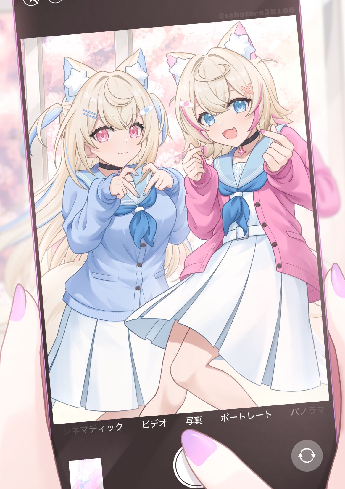 1other 2girls ahoge animal_ear_fluff animal_ears belt blonde_hair blue_eyes blue_hair blue_nails blue_shirt breasts collar crossed_bangs dog_ears dress fake_phone_screenshot fake_screenshot fang fuwawa_abyssgard hair_ornament hairclip heart heart_hands highres holding holding_phone hololive hololive_english large_breasts long_hair misakiotukimi mococo_abyssgard multicolored_hair multiple_girls neck_ribbon open_clothes open_shirt parted_bangs phone pink_eyes pink_hair pink_nails pink_shirt pleated_dress pov ribbon shirt short_hair skin_fang small_breasts streaked_hair translation_request twitter_username two-tone_hair two_side_up white_belt white_dress x_hair_ornament