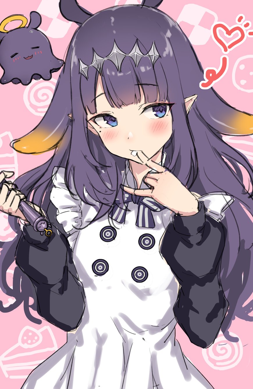 apron black_dress blush dress finger_in_own_mouth heart highres holding holding_whisk hololive hololive_english long_hair looking_at_viewer mole mole_under_eye ninomae_ina'nis ninomae_ina'nis_(6th_costume) official_alternate_costume pointy_ears purple_hair ryuinu takodachi_(ninomae_ina'nis) tentacle_hair violet_eyes virtual_youtuber whisk white_apron
