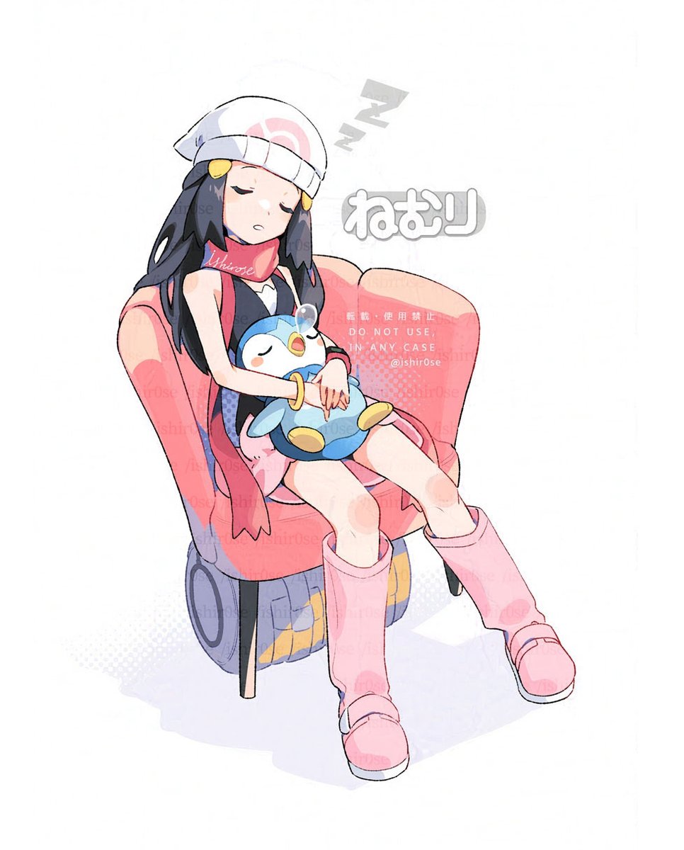 1girl artist_name bag beanie bird black_hair boots closed_eyes commentary_request hat highres hikari_(pokemon) kusuribe long_hair on_chair on_lap penguin pink_footwear piplup poke_ball_print pokemon pokemon_(creature) pokemon_dppt pokemon_on_lap print_headwear red_scarf scarf sitting sleeping snoring translation_request twitter_username watermark white_hat zzz