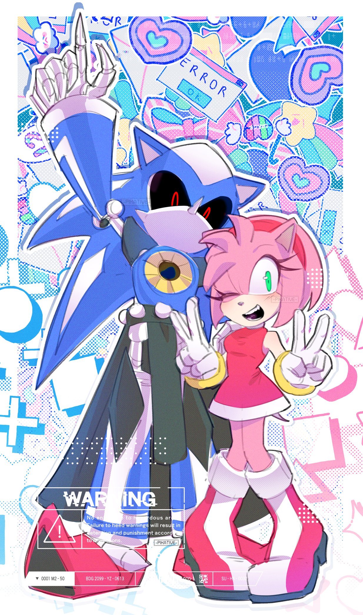 1boy 1girl amy_rose black_sclera colored_sclera derivative_work double_v english_text furry furry_female gloves green_eyes highres neo_metal_sonic no_mouth non-humanoid_robot one_eye_closed pikative02 red_eyes robot robot_animal smile sonic_(series) v white_gloves