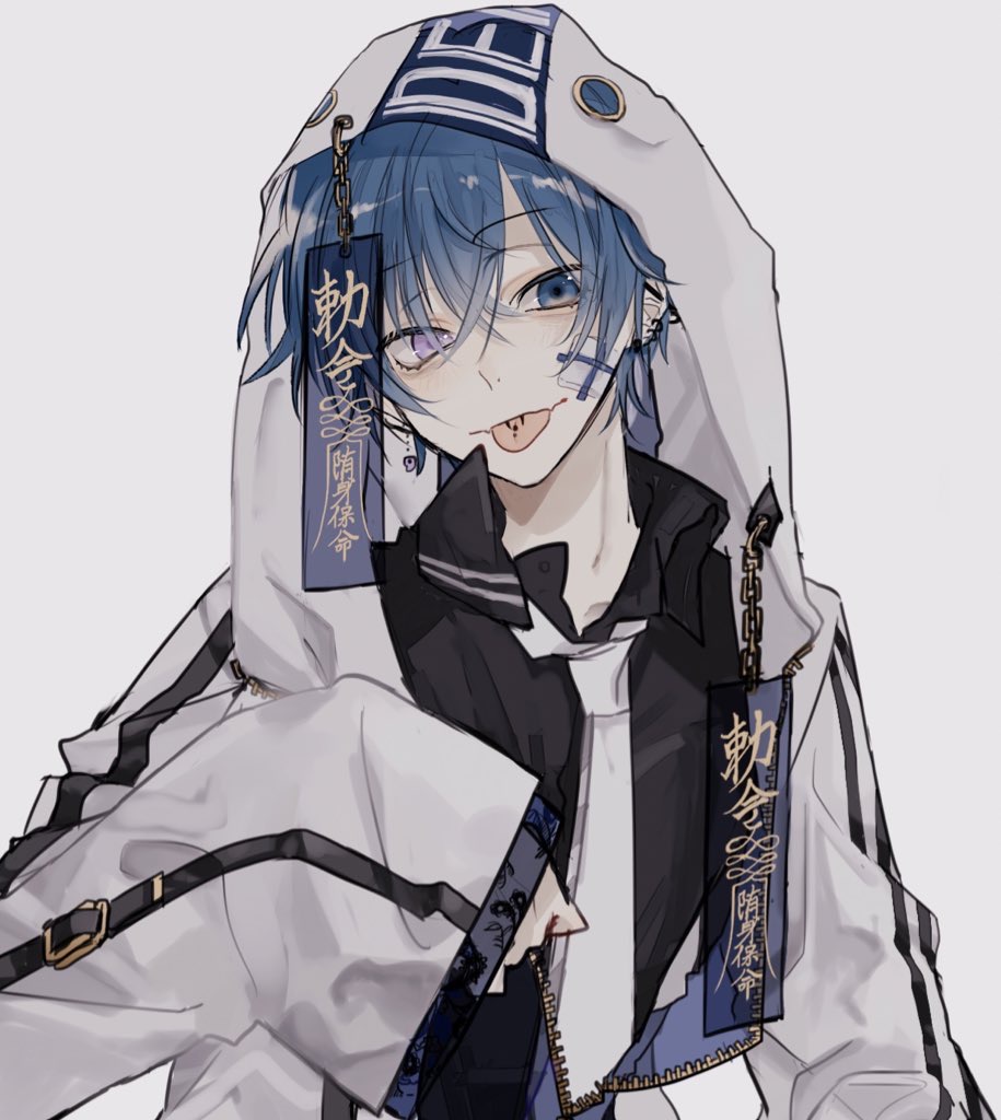 1boy black_shirt blue_eyes blue_hair chain clothes_writing collared_shirt commentary_request ear_piercing gauze gauze_on_cheek grey_eyes hair_between_eyes heterochromia hood hood_up hooded_jacket jacket long_sleeves looking_at_viewer male_focus myuhuaki necktie open_collar original piercing shirt short_hair simple_background sleeves_past_wrists solo tongue tongue_out unzipped upper_body white_background white_jacket white_necktie